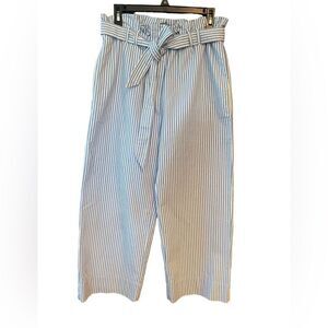 H&M 6 Blue White Stripe Cotton Paperbag Gathered Waist Tie Ankle Cotton Pants